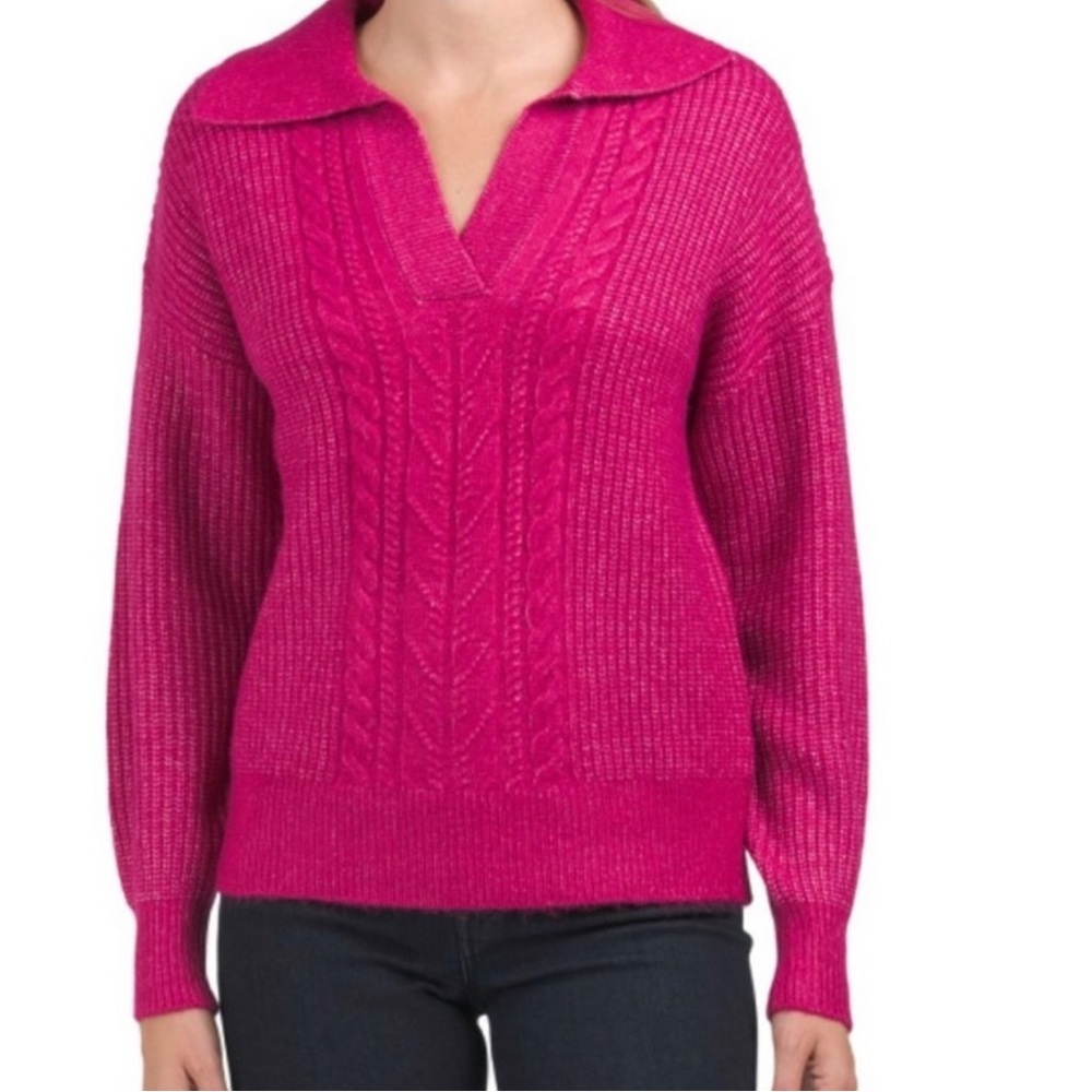 Rachel Zoe Collared Long Sleeve Cable Sweater